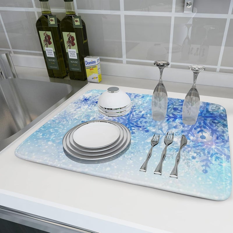Giwawa 18"x24" Winter Blue Snowflakes Dish Drying Mat Christmas Snow Falling Nature Ice Dish Drainer Mats for Kitchen Microfiber Reversible Dish Drying Rack Pad for Countertop Tabletop Decor - Image 5