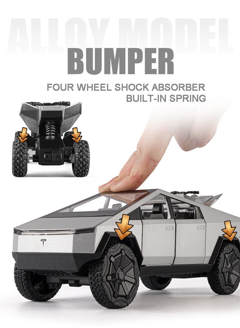 CHE ZHI 1:24 Scale Tesla Cybertruck Simulation Alloy Mini Die-casting Model Toy Comes with Tesla Motorcycle Sound and Light Car Decoration Collection Children's Gift-Silver  - Image 5