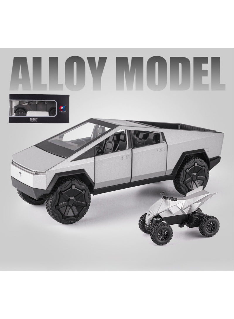 CHE ZHI 1:24 Scale Tesla Cybertruck Simulation Alloy Mini Die-casting Model Toy Comes with Tesla Motorcycle Sound and Light Car Decoration Collection Children's Gift-Silver  - Image 1