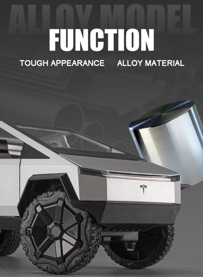 CHE ZHI 1:24 Scale Tesla Cybertruck Simulation Alloy Mini Die-casting Model Toy Comes with Tesla Motorcycle Sound and Light Car Decoration Collection Children's Gift-Silver  - Image 3