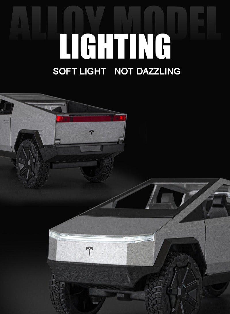 CHE ZHI 1:24 Scale Tesla Cybertruck Simulation Alloy Mini Die-casting Model Toy Comes with Tesla Motorcycle Sound and Light Car Decoration Collection Children's Gift-Silver  - Image 4