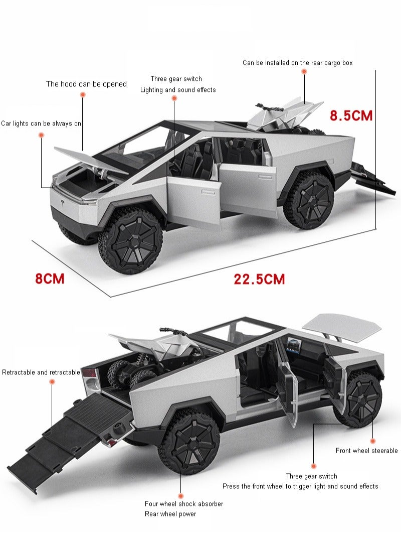 CHE ZHI 1:24 Scale Tesla Cybertruck Simulation Alloy Mini Die-casting Model Toy Comes with Tesla Motorcycle Sound and Light Car Decoration Collection Children's Gift-Silver  - Image 2
