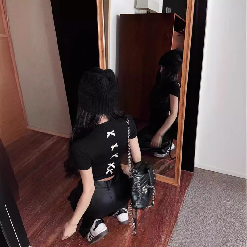 2024 Bow Rhinestone Half High Collar T-Shirt Women - Image 5