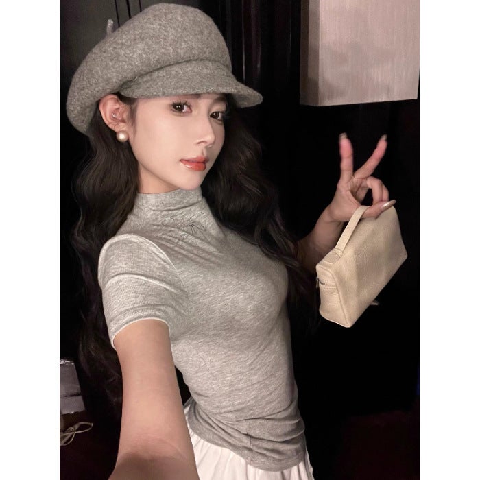 2024 Bow Rhinestone Half High Collar T-Shirt Women - Image 1