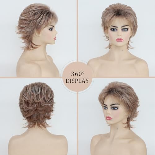 TISHINING Pixie Layered Short Brown Wigs for White Women Ombre Brown Mix Blonde Pixie Cut Synthetic Short Hair Wig with Bangs Natural Looking Daily Party Wig - Image 3