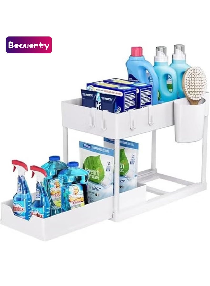 Beauenty Under Sliding Cabinet Basket Organizer, 2 Tier Storage Under Cabinet Bathroom Under Sink Organizers and Storage Under Sink Storage, with Hooks and Hanging Cup, for Kitchen&Bathroom(White) - Image 1