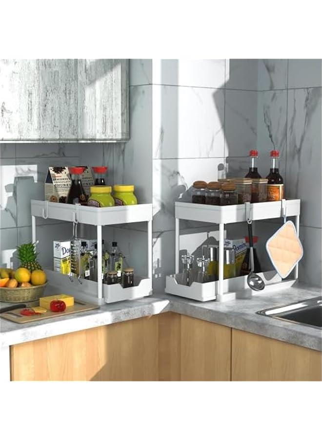 Beauenty Under Sliding Cabinet Basket Organizer, 2 Tier Storage Under Cabinet Bathroom Under Sink Organizers and Storage Under Sink Storage, with Hooks and Hanging Cup, for Kitchen&Bathroom(White) - Image 5