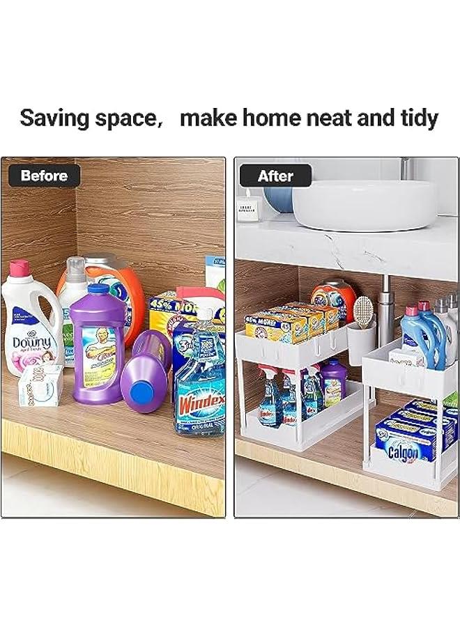 Beauenty Under Sliding Cabinet Basket Organizer, 2 Tier Storage Under Cabinet Bathroom Under Sink Organizers and Storage Under Sink Storage, with Hooks and Hanging Cup, for Kitchen&Bathroom(White) - Image 4