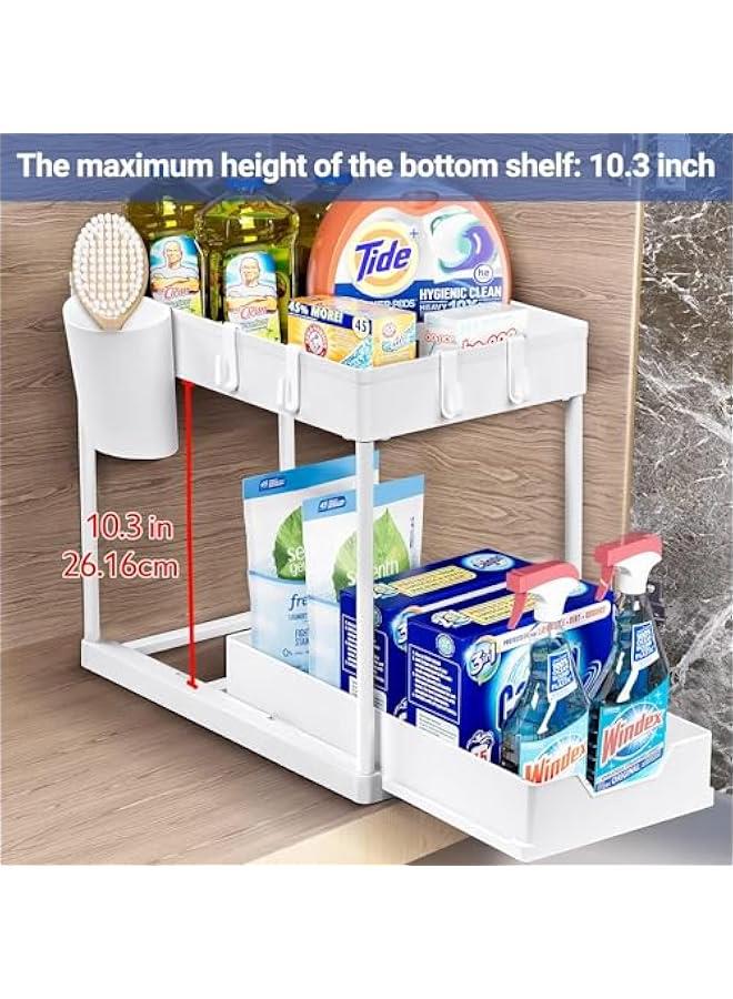 Beauenty Under Sliding Cabinet Basket Organizer, 2 Tier Storage Under Cabinet Bathroom Under Sink Organizers and Storage Under Sink Storage, with Hooks and Hanging Cup, for Kitchen&Bathroom(White) - Image 2