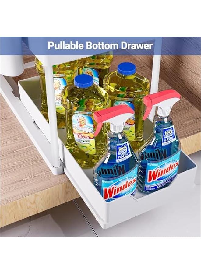 Beauenty Under Sliding Cabinet Basket Organizer, 2 Tier Storage Under Cabinet Bathroom Under Sink Organizers and Storage Under Sink Storage, with Hooks and Hanging Cup, for Kitchen&Bathroom(White) - Image 3