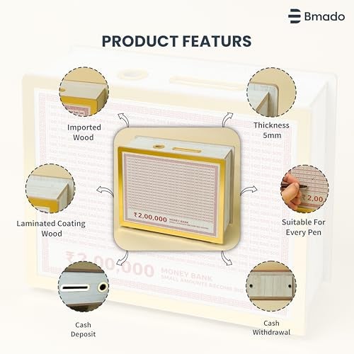 Bmado Wooden Money Bank | Laminated Secure Saver Box | Secure Your Money from Mold | Writable with Any Pen | 2 Lakh Savings Piggy Bank for Kids & Adults - Image 4