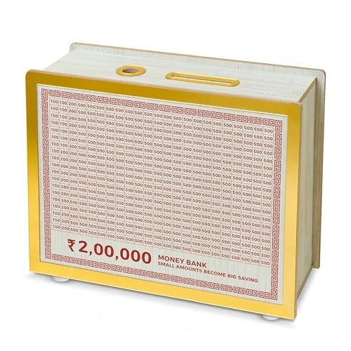 Bmado Wooden Money Bank | Laminated Secure Saver Box | Secure Your Money from Mold | Writable with Any Pen | 2 Lakh Savings Piggy Bank for Kids & Adults - Image 1