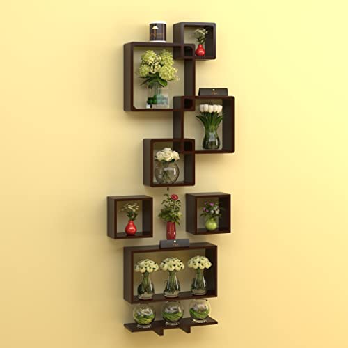 Raafi Wooden Rafuf Designer Intersecting Wall Shelves (Set of 8) (Brown) - Image 1