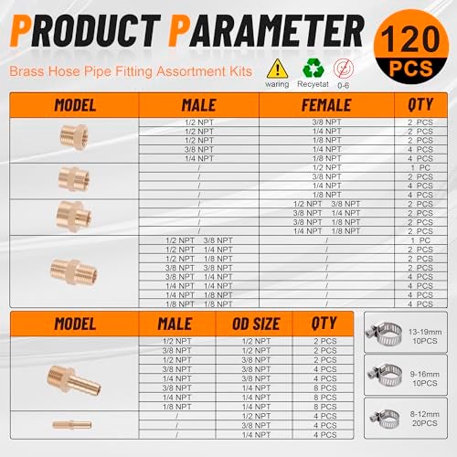 Dazakoot 146Pcs Hose Pipe Fitting & Barb Fitting Kit, 56Pcs Hose Pipe Fitting & 50Pcs Barb Fitting & 40Pcs Hose Clamp, Hex Nipple, Reducing Bushing, Reducing Coupling, NPT Coupling, Adapter, Union - Image 2