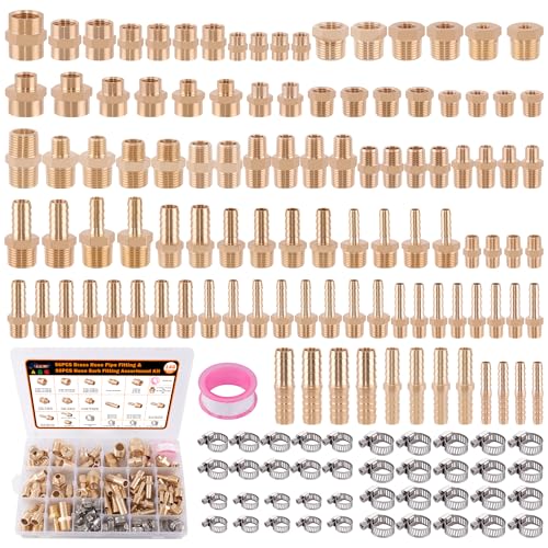 Dazakoot 146Pcs Hose Pipe Fitting & Barb Fitting Kit, 56Pcs Hose Pipe Fitting & 50Pcs Barb Fitting & 40Pcs Hose Clamp, Hex Nipple, Reducing Bushing, Reducing Coupling, NPT Coupling, Adapter, Union - Image 1