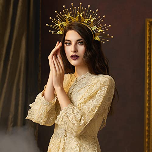 Fantherin Mary Angel Spiked Halo Crown Headband with Butterfly Sunburst Goddess Costume Halo Headpiece Gold - Image 5
