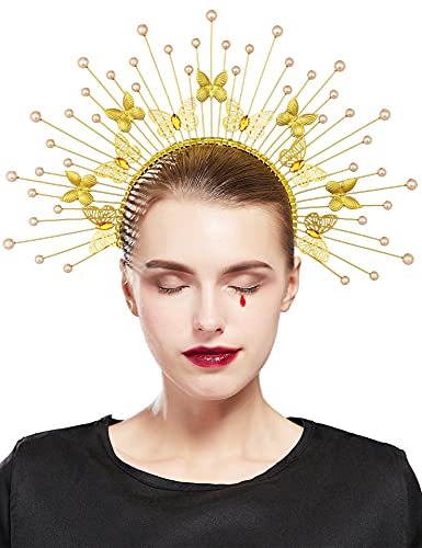 Fantherin Mary Angel Spiked Halo Crown Headband with Butterfly Sunburst Goddess Costume Halo Headpiece Gold - Image 2