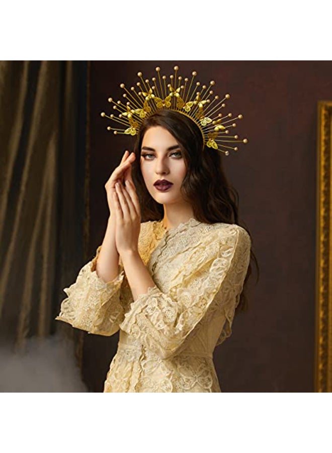 Fantherin Mary Angel Spiked Halo Crown Headband with Butterfly Sunburst Goddess Costume Halo Headpiece Gold - Image 4