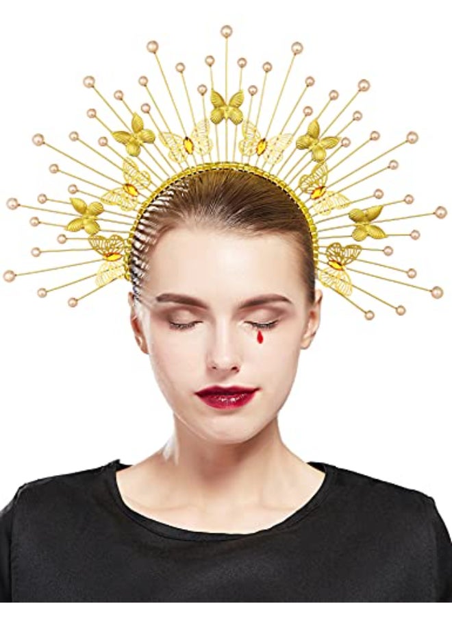 Fantherin Mary Angel Spiked Halo Crown Headband with Butterfly Sunburst Goddess Costume Halo Headpiece Gold - Image 1
