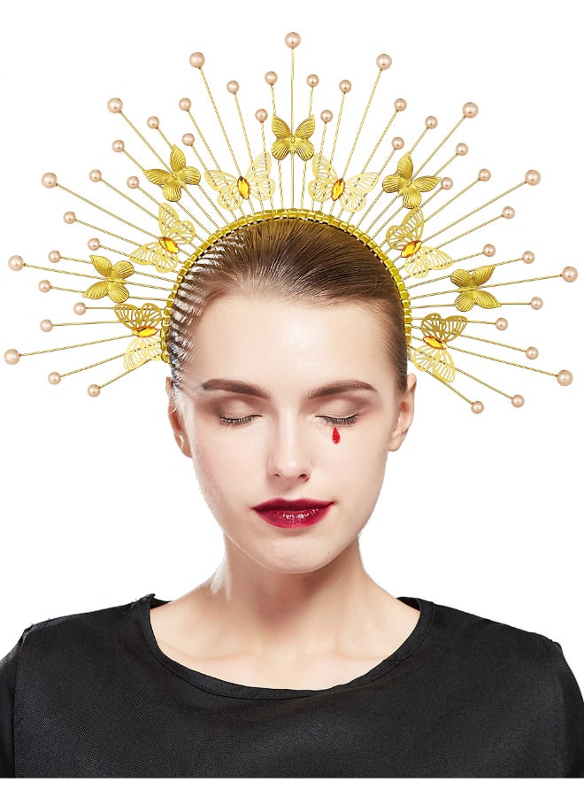 Fantherin Mary Angel Spiked Halo Crown Headband with Butterfly Sunburst Goddess Costume Halo Headpiece Gold - Image 3