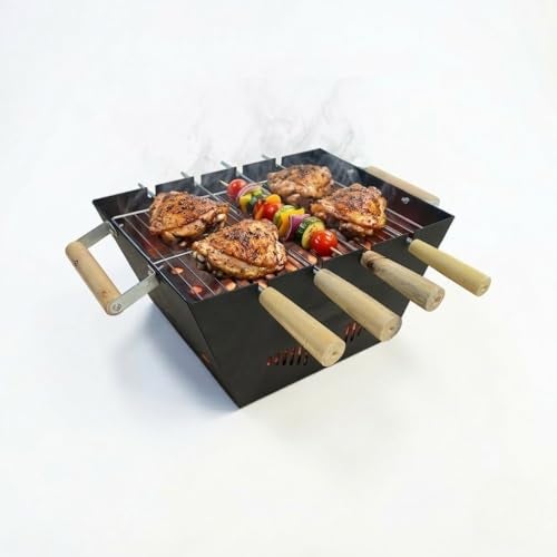 POSHIO® POSHIO Bbq Grill for Home Barbeque Set with 4 Skewers,1 Steel Grill & Charcoal Tray | Tandoori Grill Set for Outdoor (Sturdy built, 13.4x9.4x8.7inches, Black) - Image 1