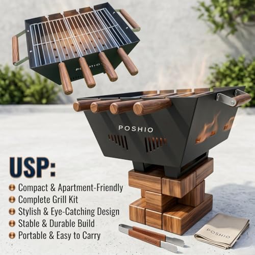 POSHIO® POSHIO Bbq Grill for Home Barbeque Set with 4 Skewers,1 Steel Grill & Charcoal Tray | Tandoori Grill Set for Outdoor (Sturdy built, 13.4x9.4x8.7inches, Black) - Image 4