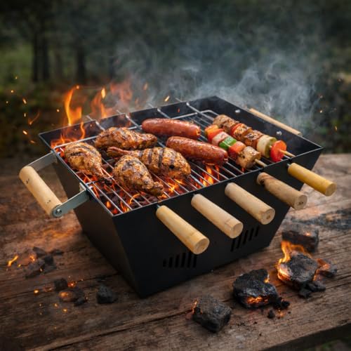 POSHIO® POSHIO Bbq Grill for Home Barbeque Set with 4 Skewers,1 Steel Grill & Charcoal Tray | Tandoori Grill Set for Outdoor (Sturdy built, 13.4x9.4x8.7inches, Black) - Image 3