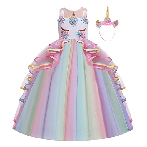 HIHCBF Girls Unicorn Costume Pageant Princess Party Dress Wedding Birthday Christmas Carnival Long Maxi Gown w/Headband Multicolored 6-7T - Image 1