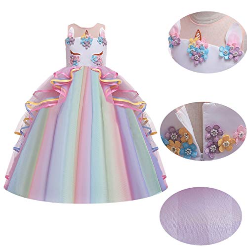 HIHCBF Girls Unicorn Costume Pageant Princess Party Dress Wedding Birthday Christmas Carnival Long Maxi Gown w/Headband Multicolored 6-7T - Image 4