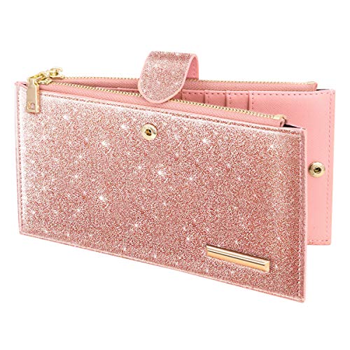 Coco Rossi Womens RFID Blocking Pink Glitter Leather Multi Card Organizer Bifold Pink Wallet with Zipper Pocket,Rose Gold - Image 5