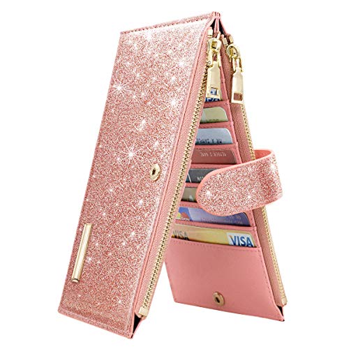 Coco Rossi Womens RFID Blocking Pink Glitter Leather Multi Card Organizer Bifold Pink Wallet with Zipper Pocket,Rose Gold - Image 1
