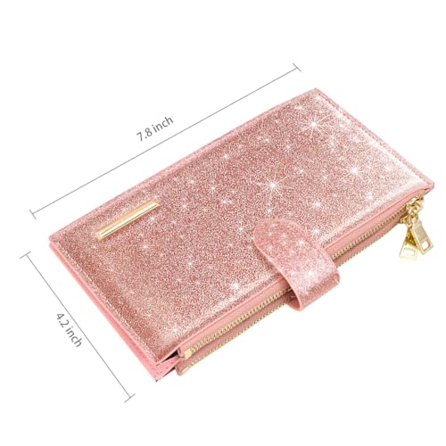 Coco Rossi Womens RFID Blocking Pink Glitter Leather Multi Card Organizer Bifold Pink Wallet with Zipper Pocket,Rose Gold - Image 4