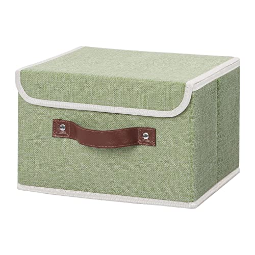 ANMINY Storage Bin with Lid Storage Boxes with PU Leather Handles PP Plastic Board Decorative Foldable Lidded Cotton Linen Fabric Home Cubes Baskets Closet Organizer Container Green Small Size
