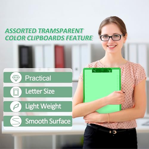 PANDRI Plastic Clipboards, PANDRI 12 Pack Clear Colored Clipboards, Low Profile Clip Board 12.5 x 9 Inch Standard Letter Size, Office Supplies Classroom - Image 5