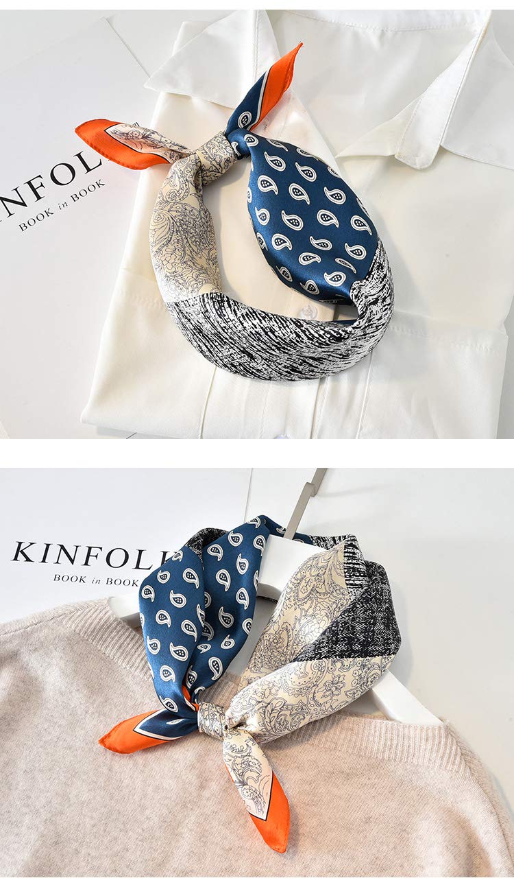 MEISEE Pure Natural Mulberry Silk Scarfs Women Small Square Scarf 21" x 21" Breathable Lightweight Neckerchief Printed Headscarf (E30 blue) - Image 2