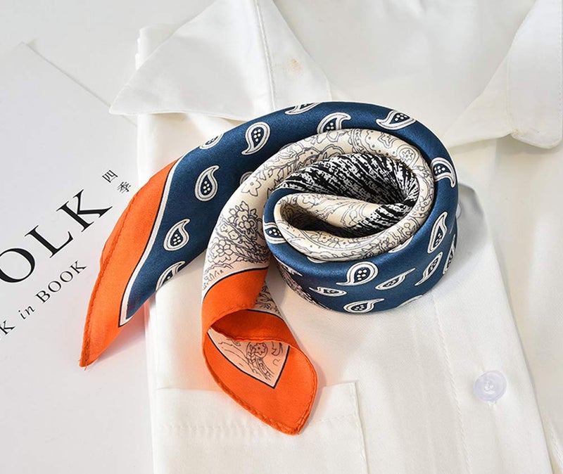 MEISEE Pure Natural Mulberry Silk Scarfs Women Small Square Scarf 21" x 21" Breathable Lightweight Neckerchief Printed Headscarf (E30 blue) - Image 3