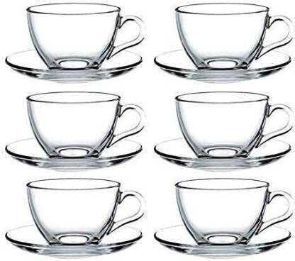 MIRTONICS Superb Crystal Clear Roma Solid Glass Tea Cup with Saucer Tea Mugs with Handle 150 ml Hot or Cold Drinks Clear Set of 6 - Image 1