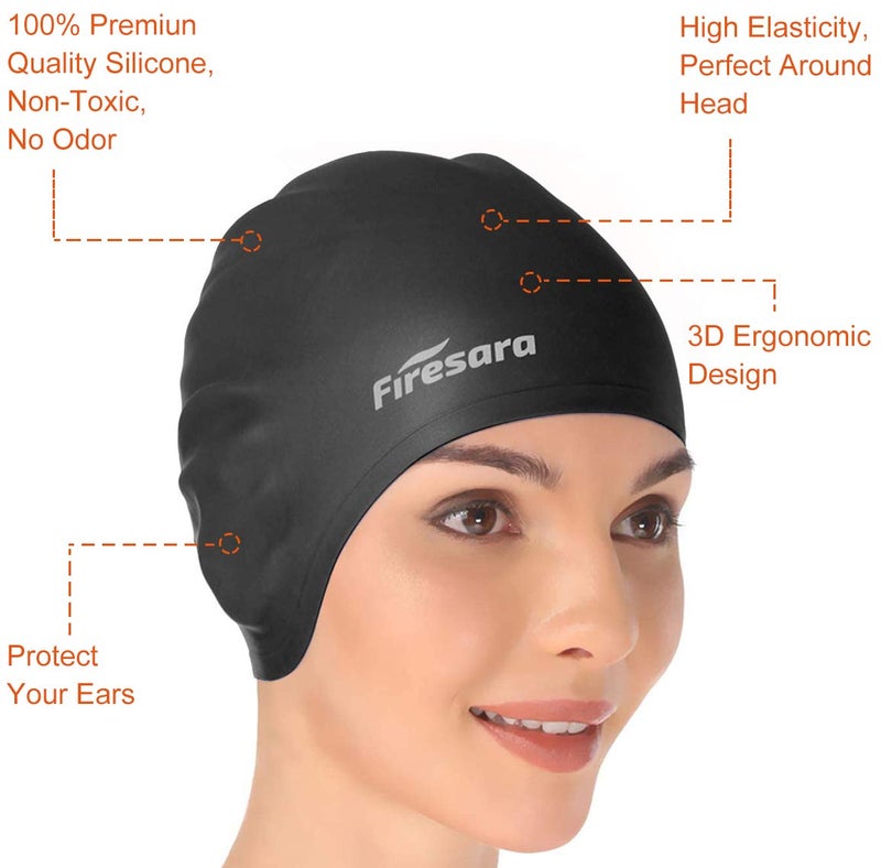 Firesara Swim Cap, Firesara Original Undated Swimming Cap 3D Ergonomic Design Comfortable Durable Ear Protection for Women Kids Adults Men Boys Girls for Long or short Hair with Nose Clip and Ear Plugs (Black) - Image 2