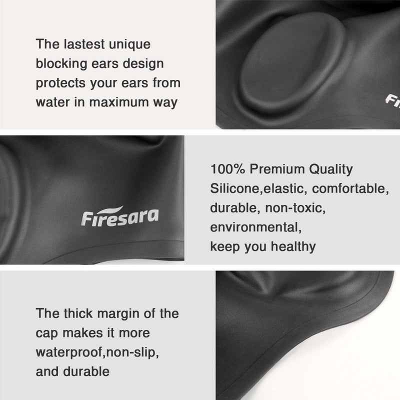 Firesara Swim Cap, Firesara Original Undated Swimming Cap 3D Ergonomic Design Comfortable Durable Ear Protection for Women Kids Adults Men Boys Girls for Long or short Hair with Nose Clip and Ear Plugs (Black) - Image 4