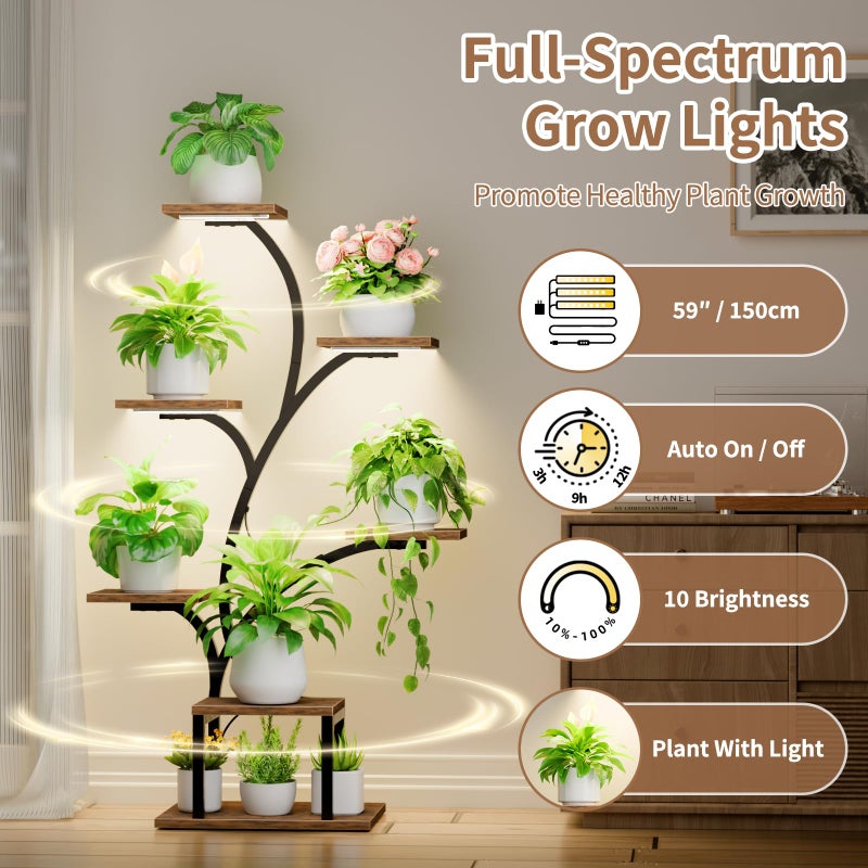 BACEKOLL Plant Stand Indoor with Grow Lights, 7 Tiered Indoor Plant Shelf, 49" Corner Plant Stands for Indoor Plants, Metal Plant Flower Display Shelf, Tree-Shaped Plant Rack for Home, Patio, Brown - Image 3