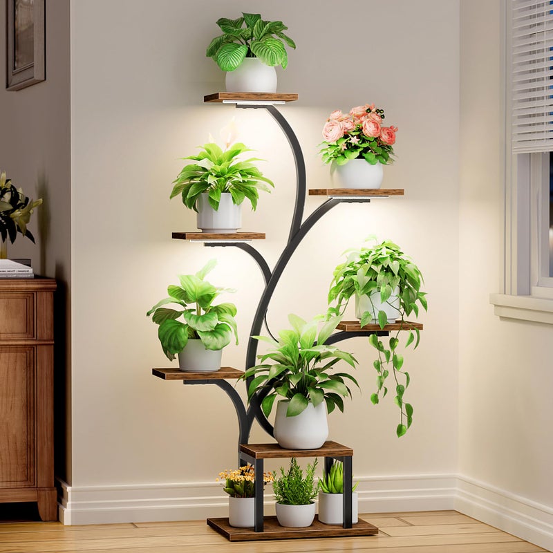 BACEKOLL Plant Stand Indoor with Grow Lights, 7 Tiered Indoor Plant Shelf, 49" Corner Plant Stands for Indoor Plants, Metal Plant Flower Display Shelf, Tree-Shaped Plant Rack for Home, Patio, Brown - Image 1