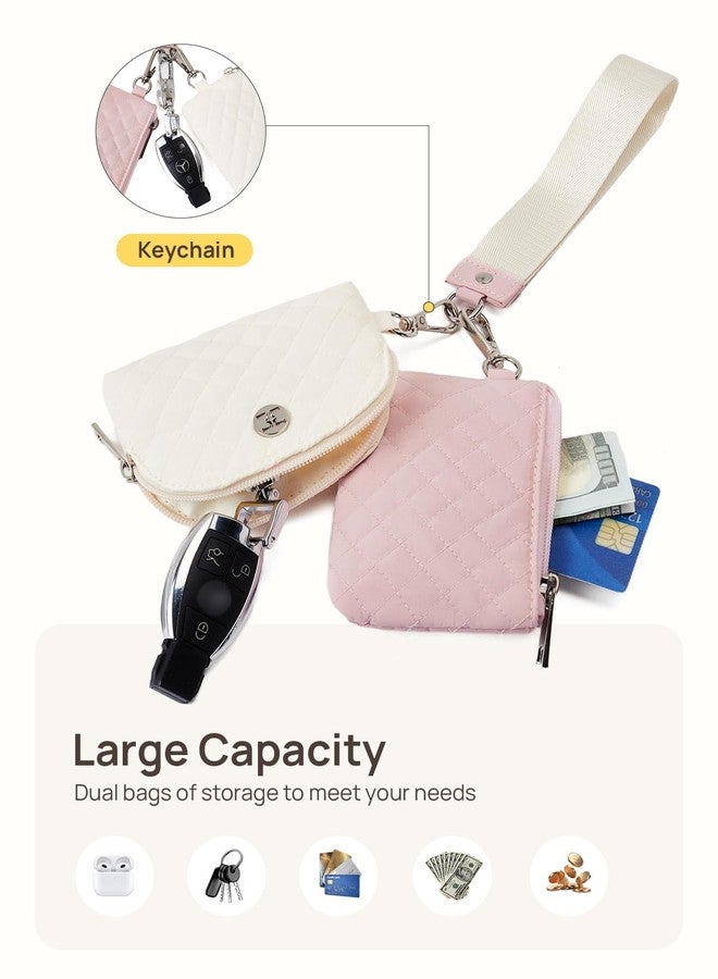Telena Mini Zip Around Wristlet Wallets for Women Coin Purse Keychain Dual Pouch Wallet Beige Pink - Image 3