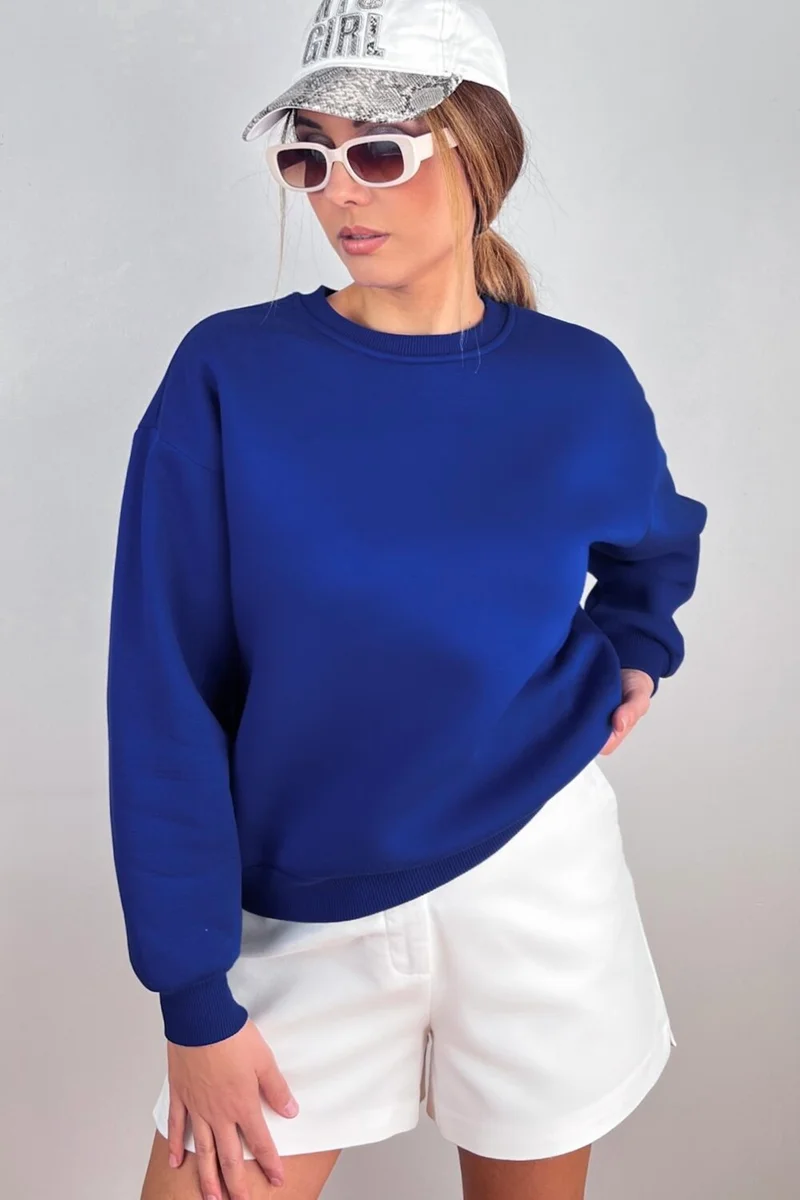 Ritnice Women's Cozy Basic Crew Neck Cotton Thick Knitted Sweatshirt with Fleece Inside, Saks Blue