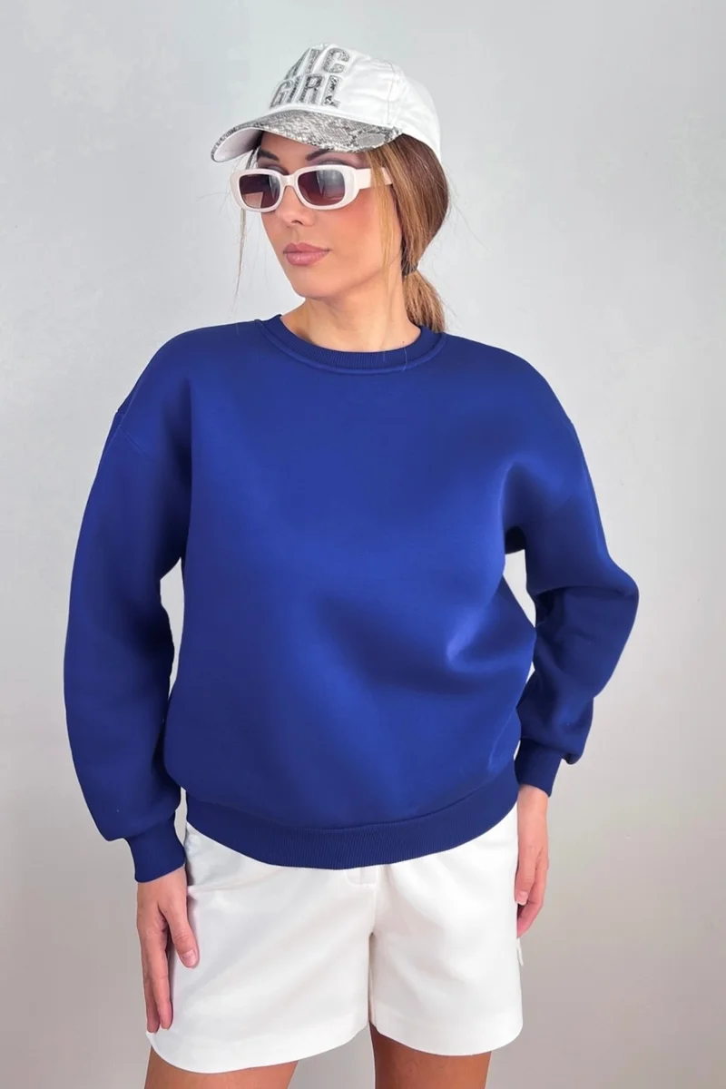 Ritnice Women's Cozy Basic Crew Neck Cotton Thick Knitted Sweatshirt with Fleece Inside, Saks Blue