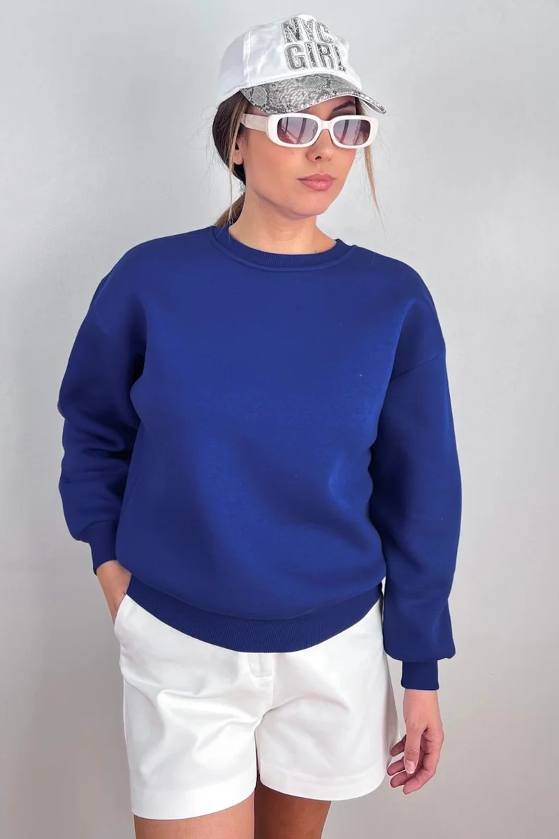 Ritnice Women's Cozy Basic Crew Neck Cotton Thick Knitted Sweatshirt with Fleece Inside, Saks Blue