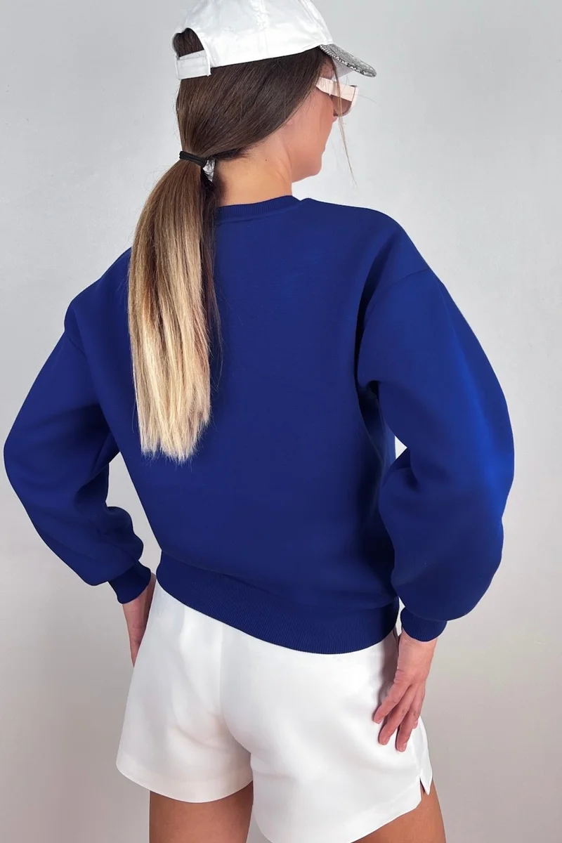 Ritnice Women's Cozy Basic Crew Neck Cotton Thick Knitted Sweatshirt with Fleece Inside, Saks Blue