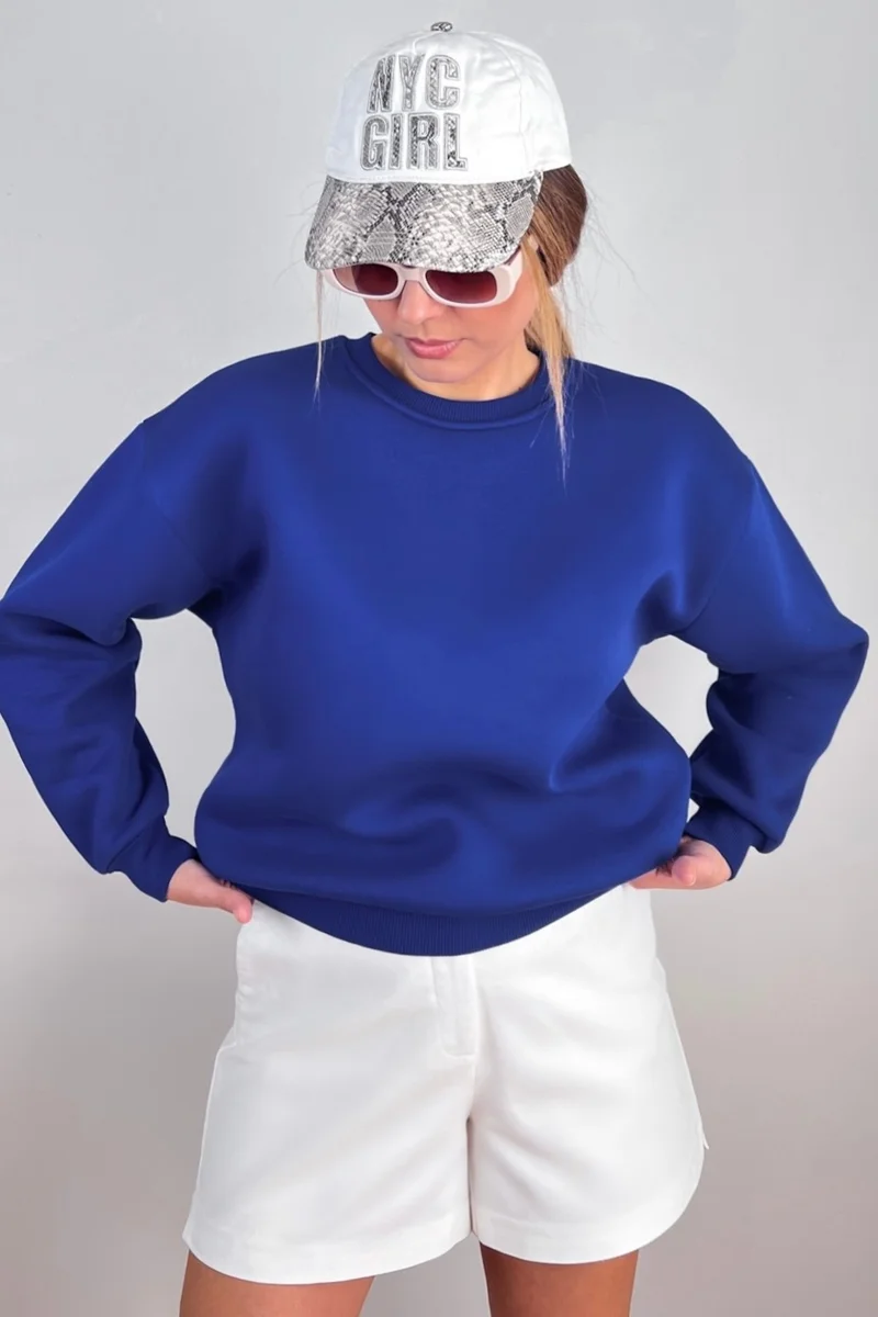 Ritnice Women's Cozy Basic Crew Neck Cotton Thick Knitted Sweatshirt with Fleece Inside, Saks Blue