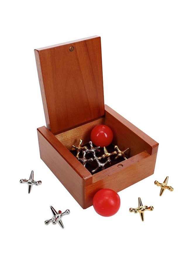 WE Games Metal Jacks Set - Classic Jacks Game with 2 Red Balls in Keepsake Wooden Box - Nostalgic Floor Game - Image 1
