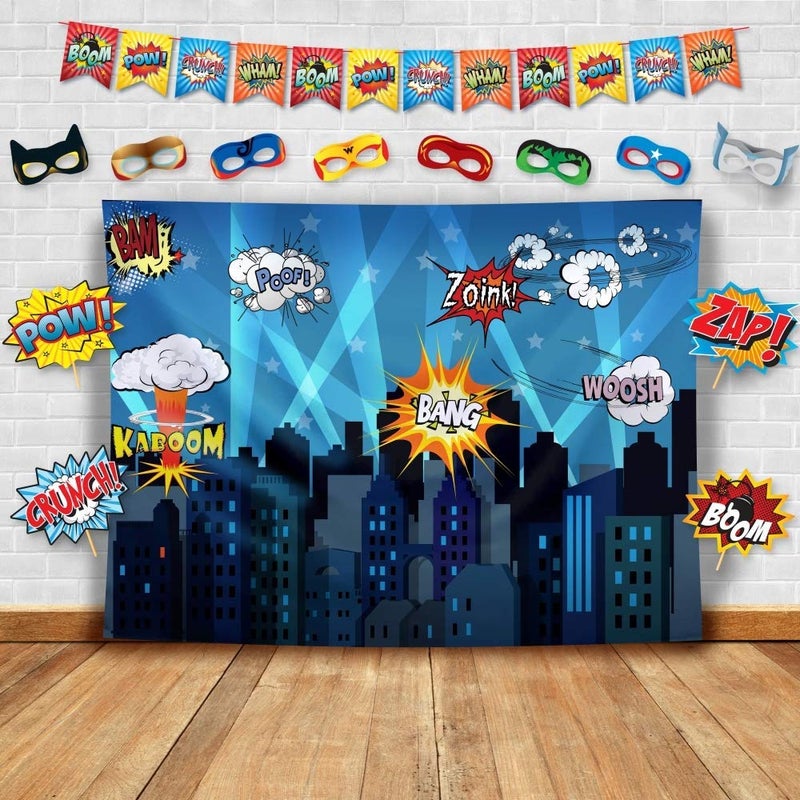 Glittery Garden Superheroes Theme Party Photography Backdrop with Prop, Flag & Mask. Super Hero Cityscape Photo Booth Background for Kids Party, Birthday Wall Decorations - Image 1