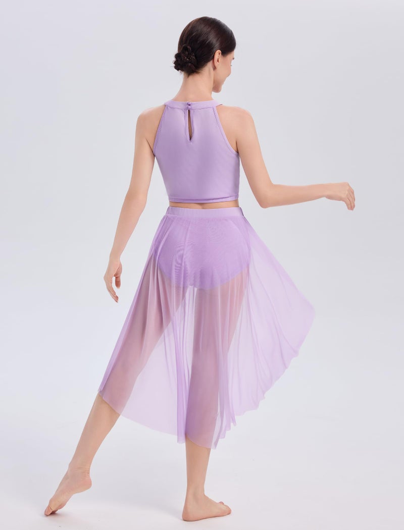 IBAKOM Women Lyrical Dance Costume Halter Flower Crop Top High-Low Skirt with Briefs Adult Contemporary Dance Outfits Red Blue Black Acrobat Competitive Salsa Jazz Leotard Dress Lavender Medium - Image 2